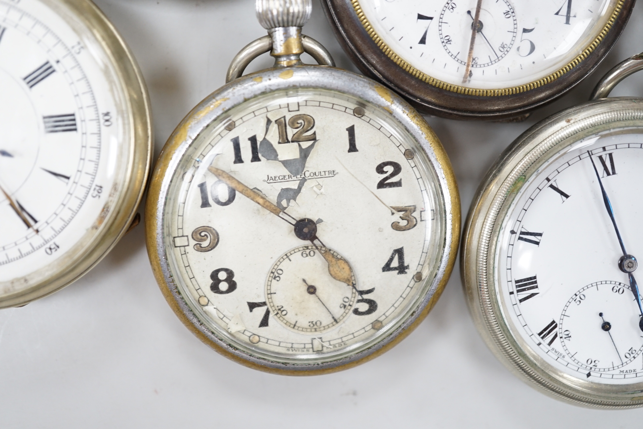 Ten assorted base metal pocket watches including Omega, Waltham and Ingersoll.